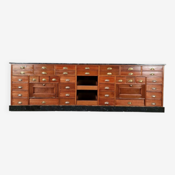 Large Antique Art Deco Apothecary Counter in Mahogany and Black Marble Pharmacy Counter, 1909