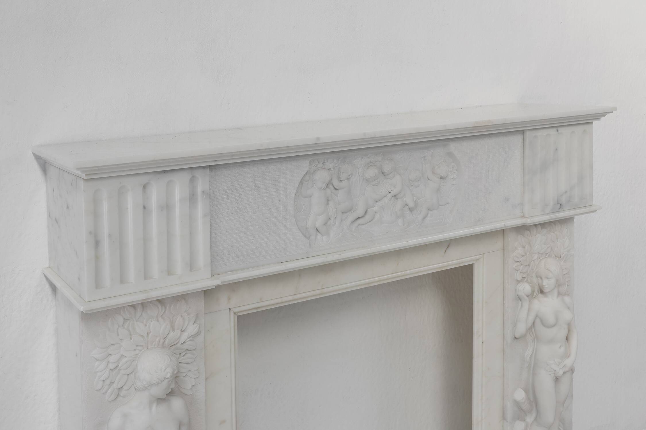 French Carrara marble fire place with Adam and Eve decoration
