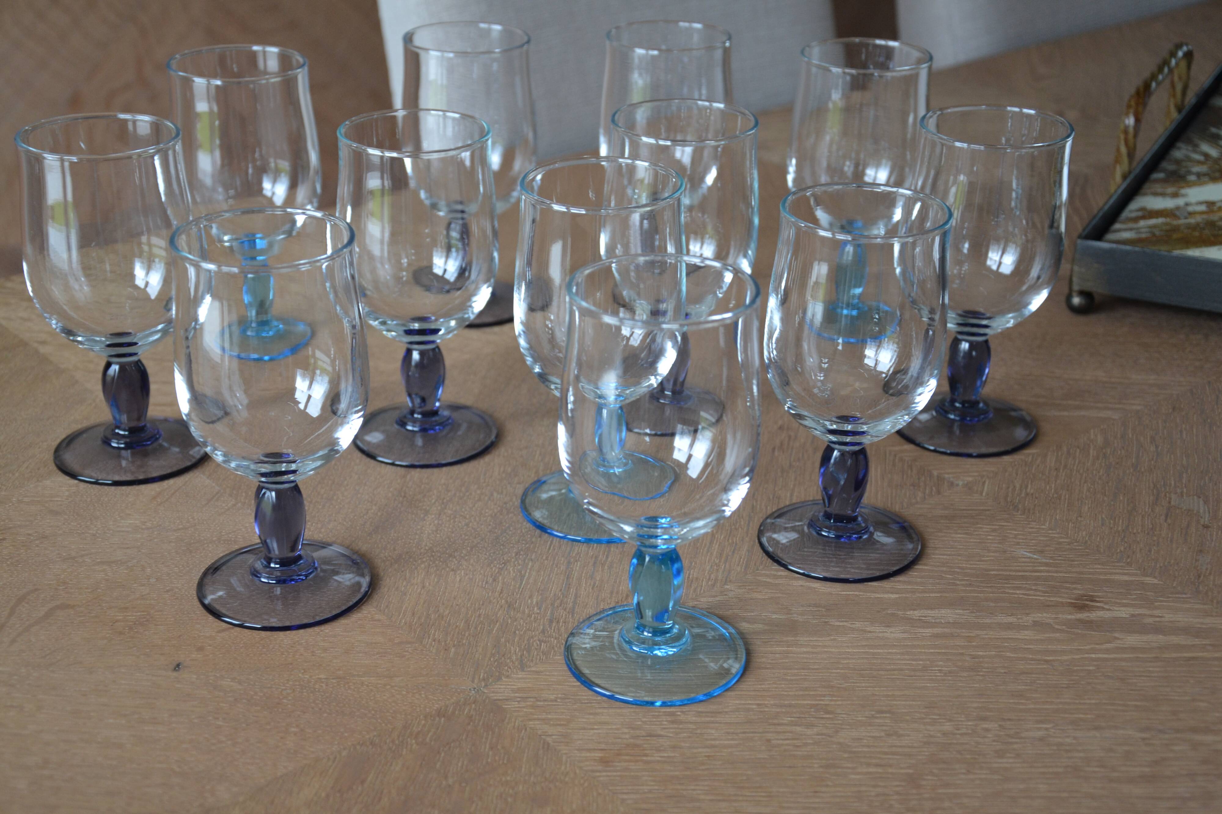 12 blue and purple stemmed glasses