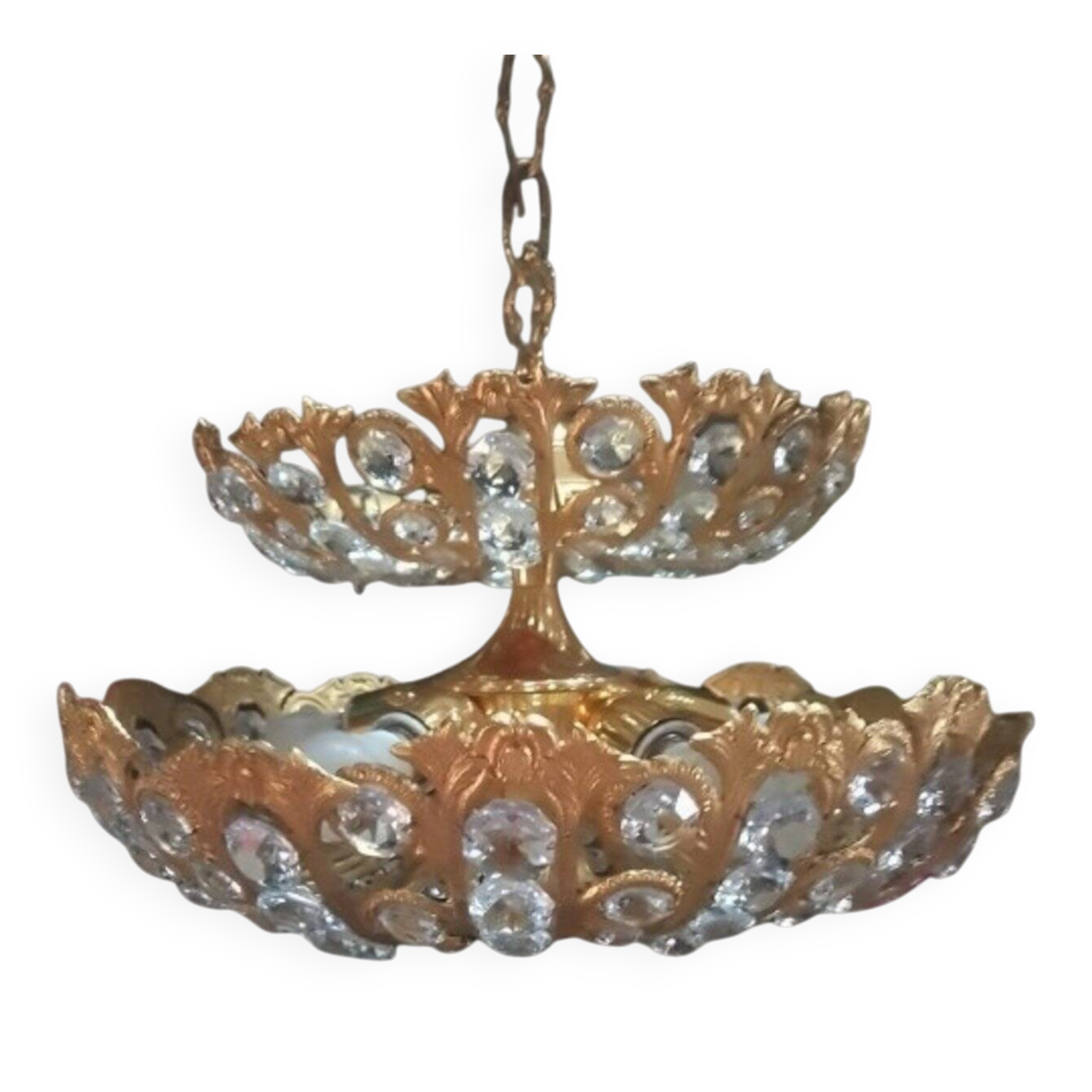 Hollywood Regency brass and crystal chandelier by Peris Andreu, 1970s.