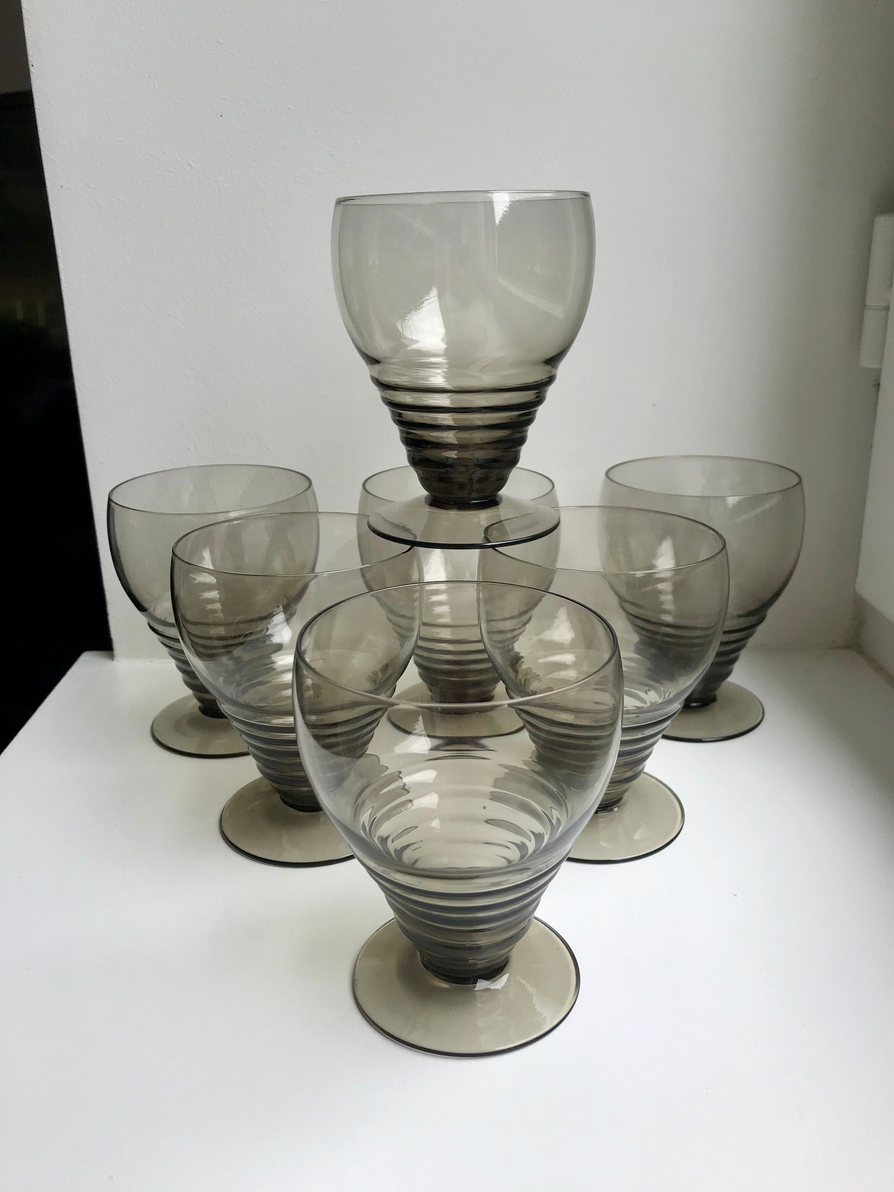 Set of 7 wine glasses  art deco smoked glass years 30-40