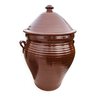 Grande jarre en terre cuite vernissée, couleur cognac avec son couvercle