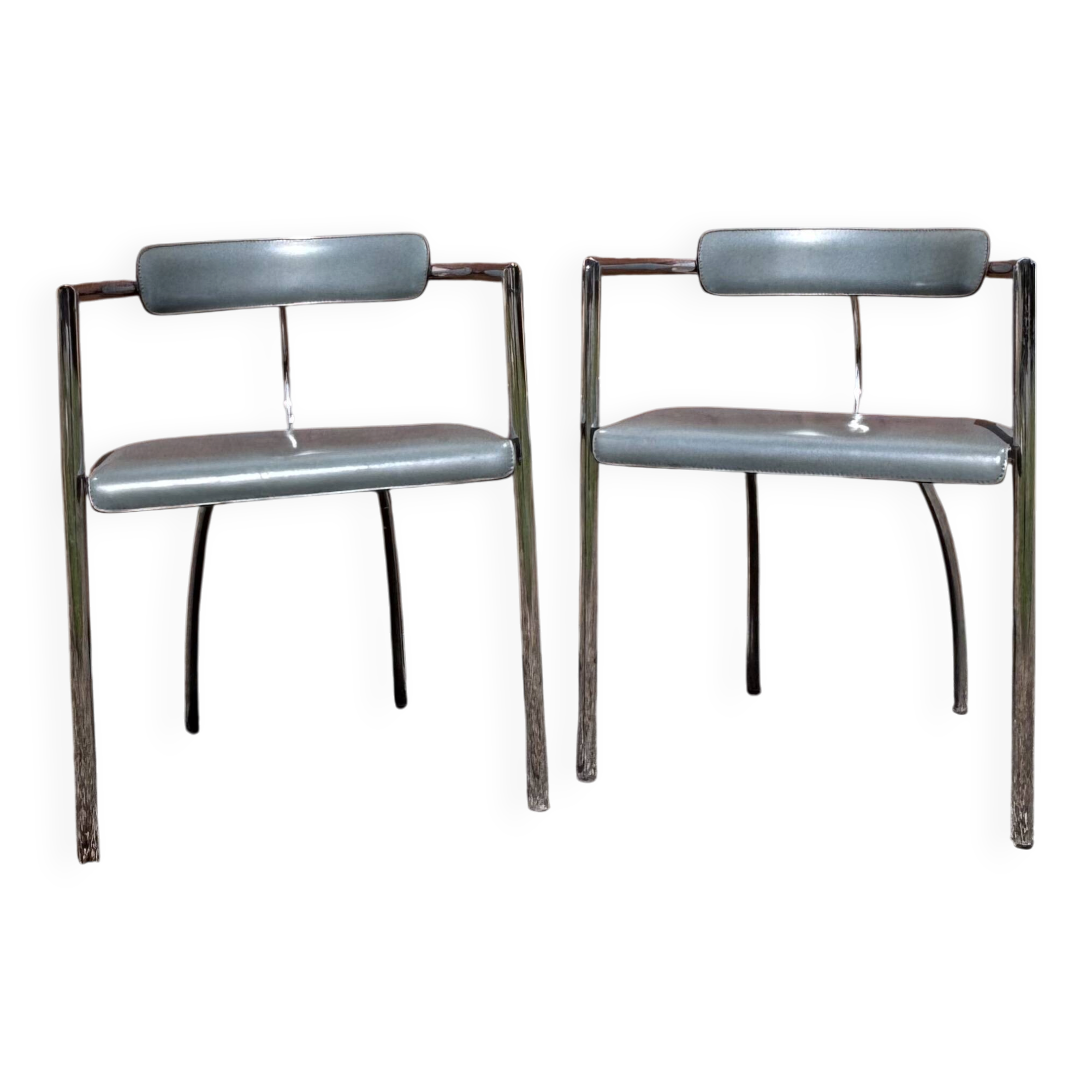 Pair of vintage chrome & grey faux leather armchairs – 1970s design