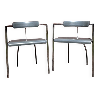 Paire de fauteuils vintage chrome & skaï gris – Design années 70