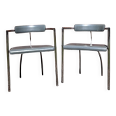 Paire de fauteuils vintage chrome & skaï gris – Design années 70