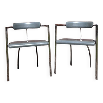 Pair of vintage chrome & grey faux leather armchairs – 1970s design