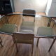 Table and 4 70s chairs chrome base and smoked glass tray chairs green water fabric