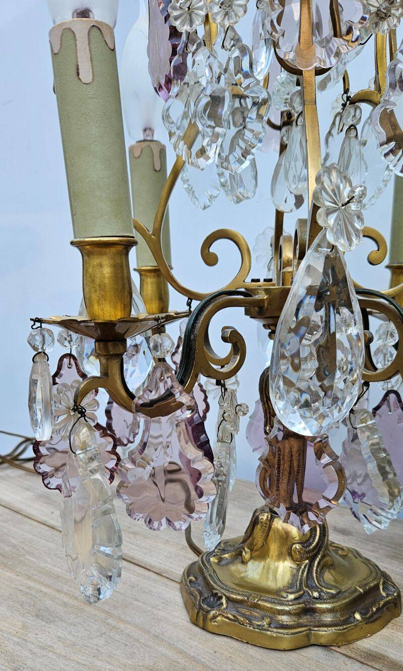 Pair of Gilt Bronze Candelabras with Colored Crystal Tassels