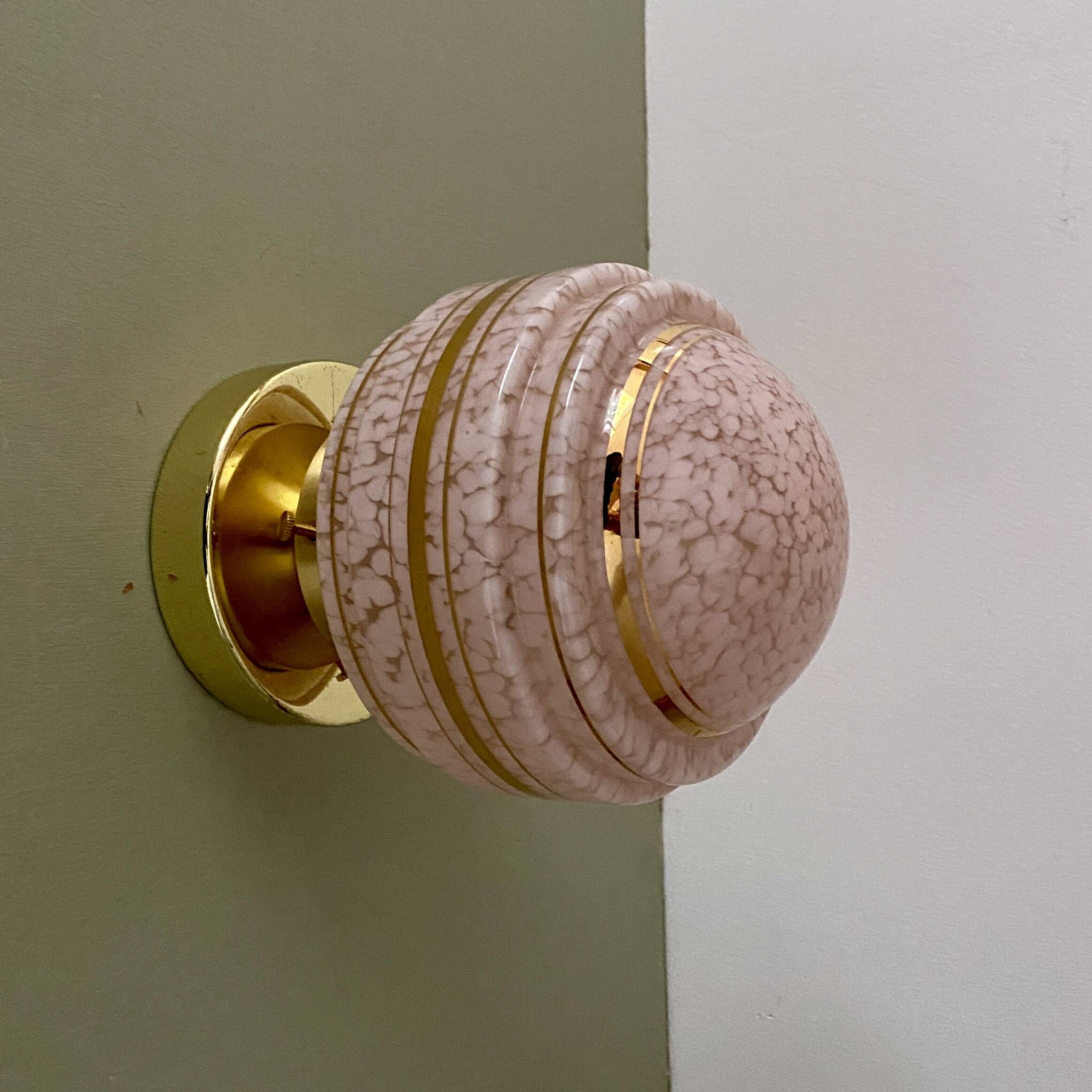 Vintage art deco globe wall or ceiling light in pink and gold Clichy glass