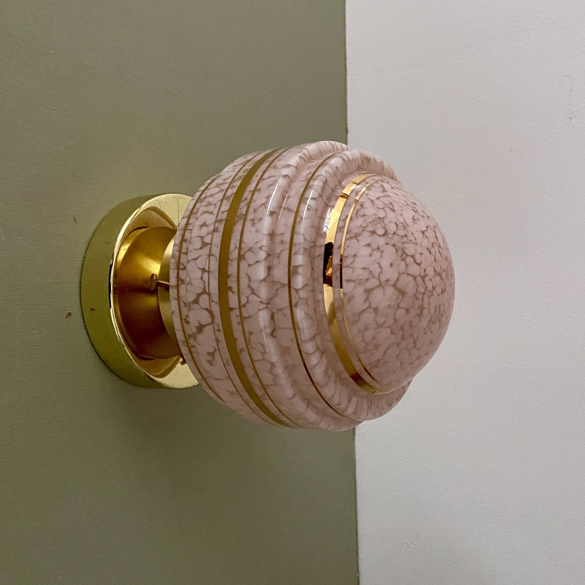 Vintage art deco globe wall or ceiling light in pink and gold Clichy glass
