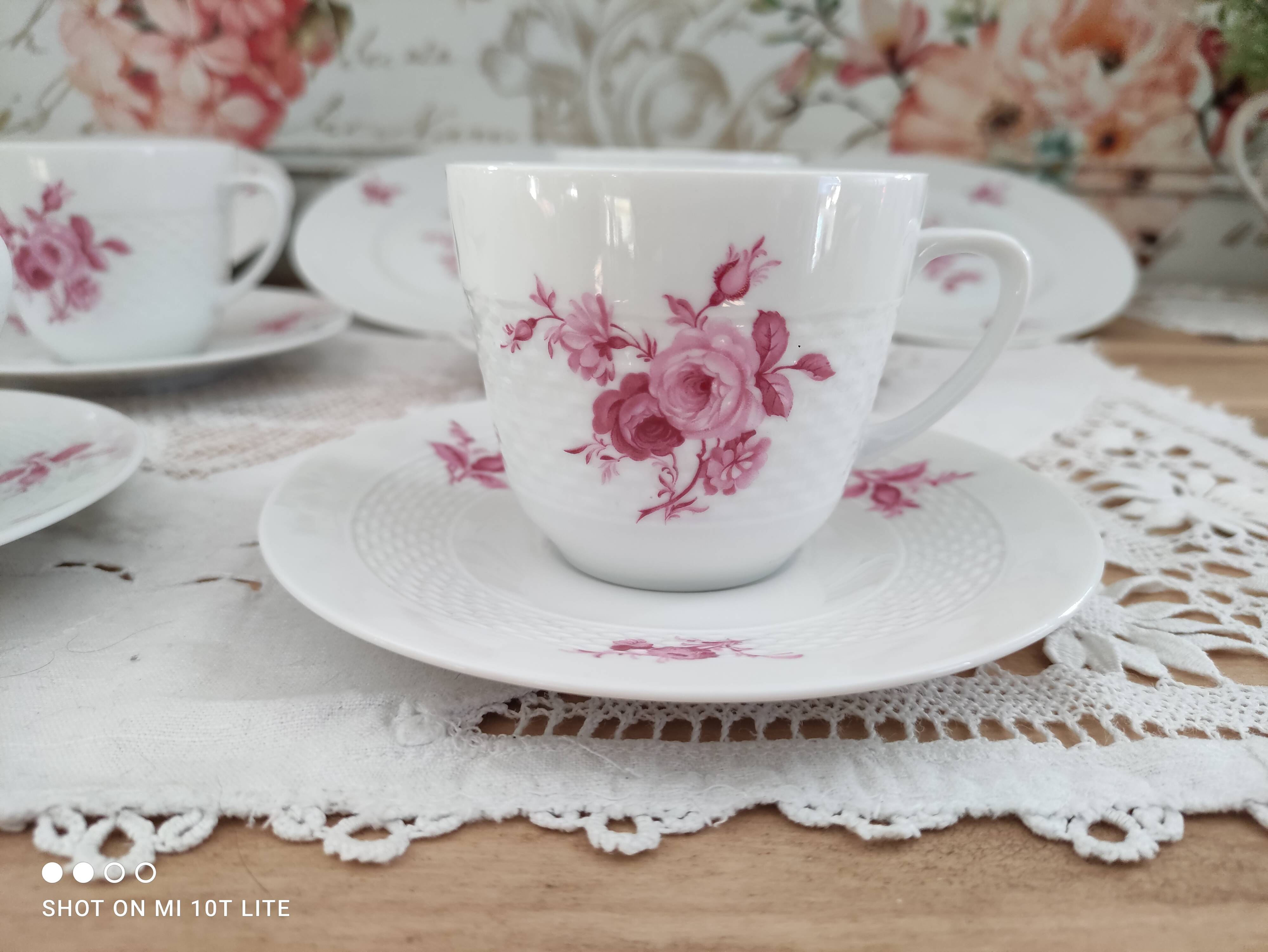 Coffee set 16 pieces porcelain bavaria white décor pink roses