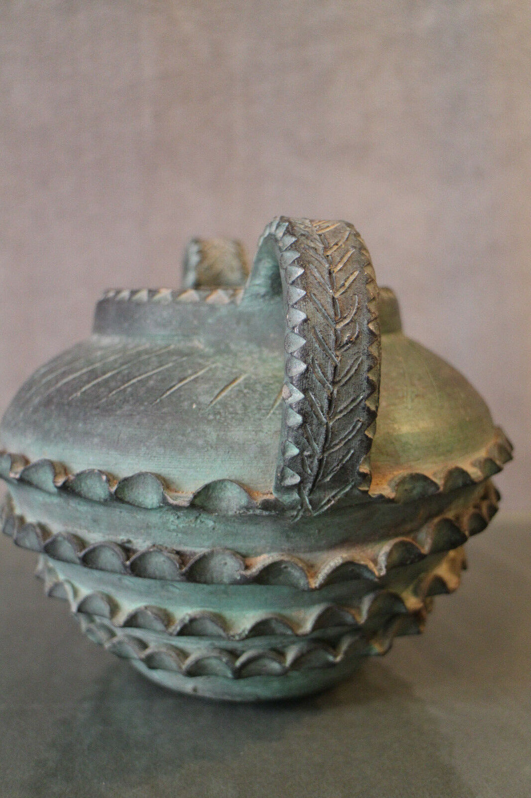 Terracotta vase with ceramic bronze green patina vase