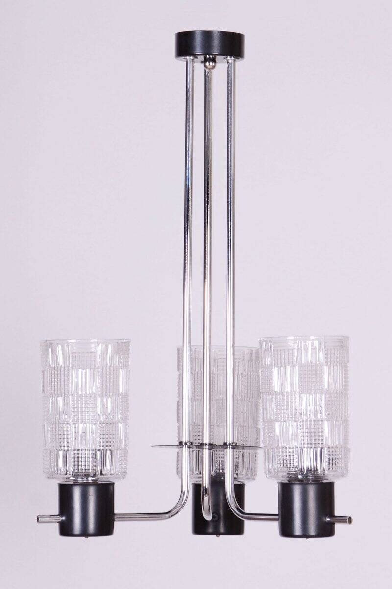Mid-Century Chandelier in Chromed Steel and Glass by Drukov, Czech, 1970s