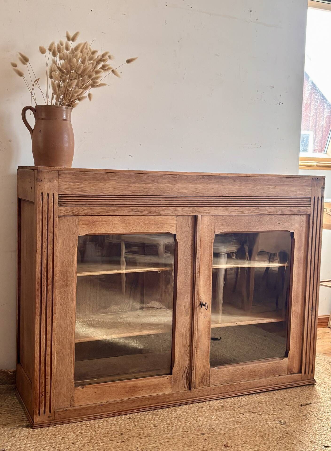 Narrow antique solid wood buffet - glass doors