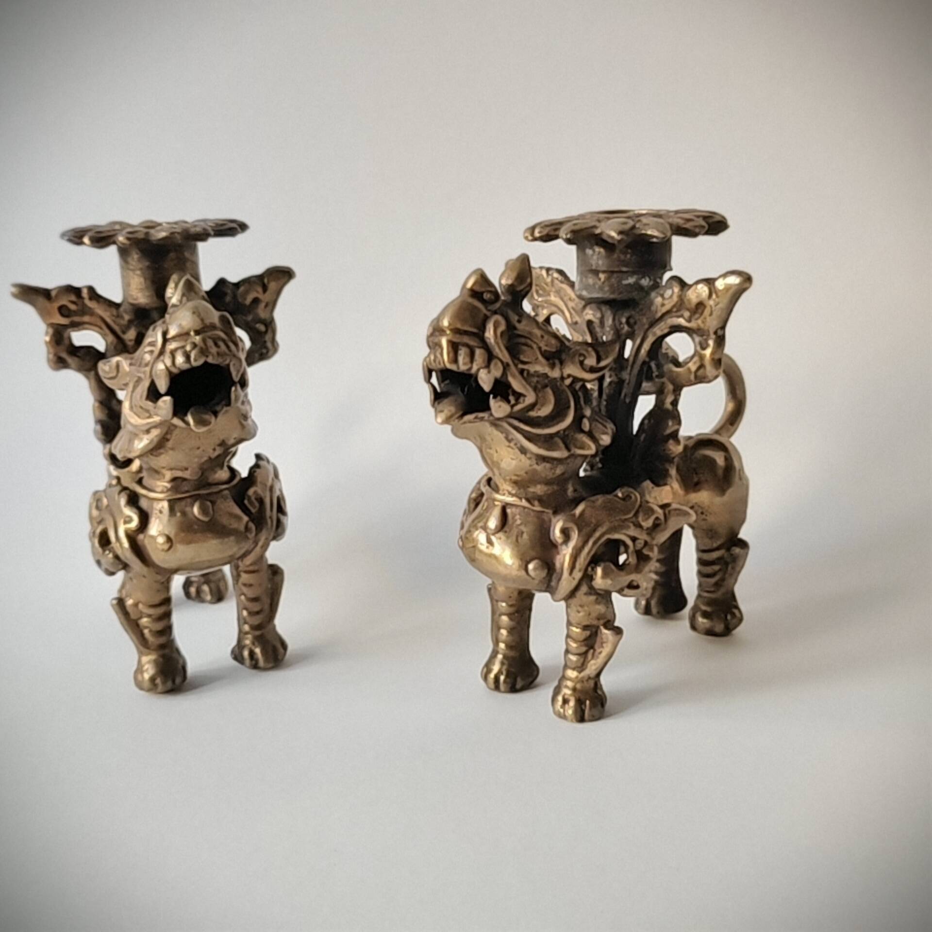 Pair of vintage brass candlesticks, Foo Dogs / Guardian Lions