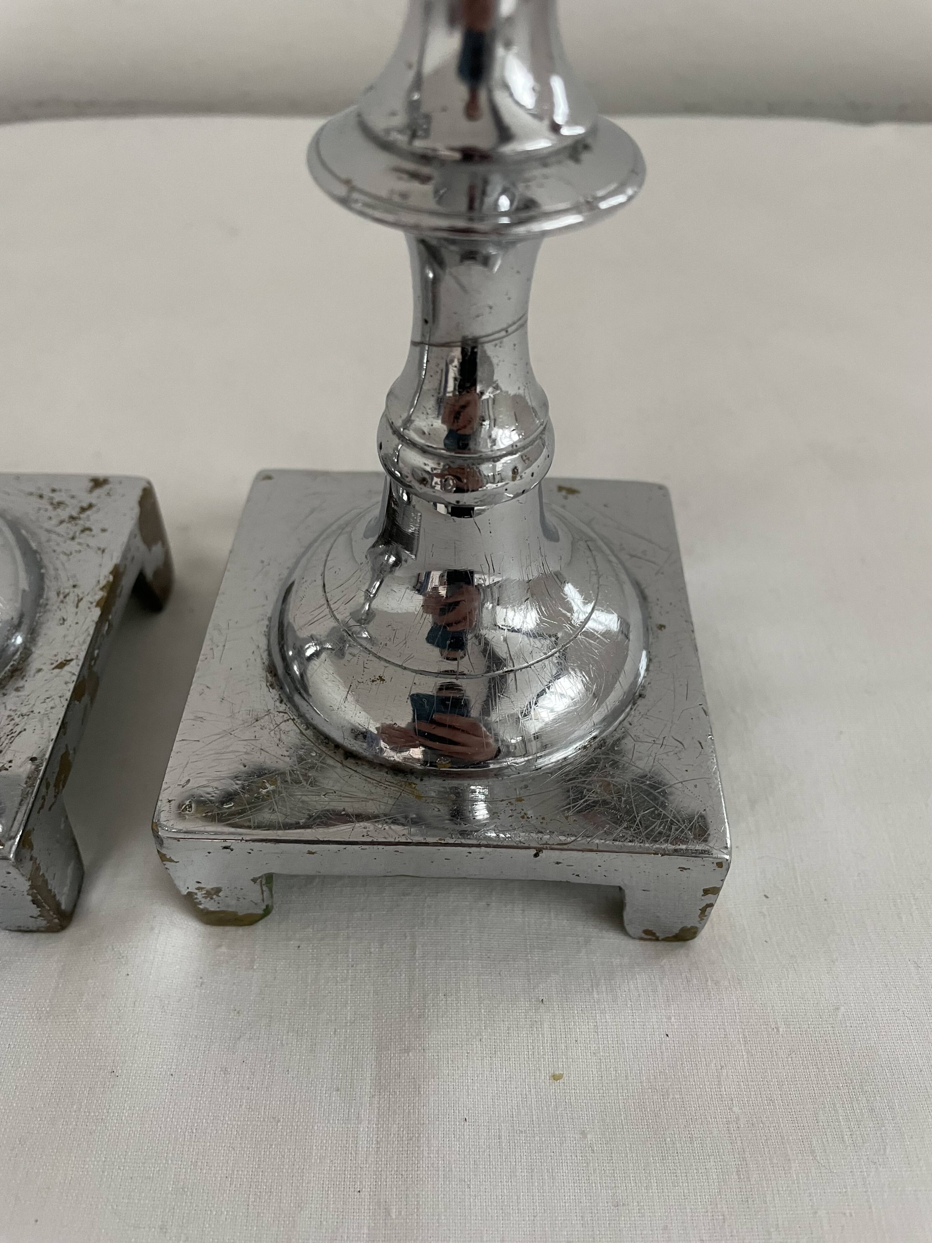Large antique silver plated candlesticks, square base, pair, classic
