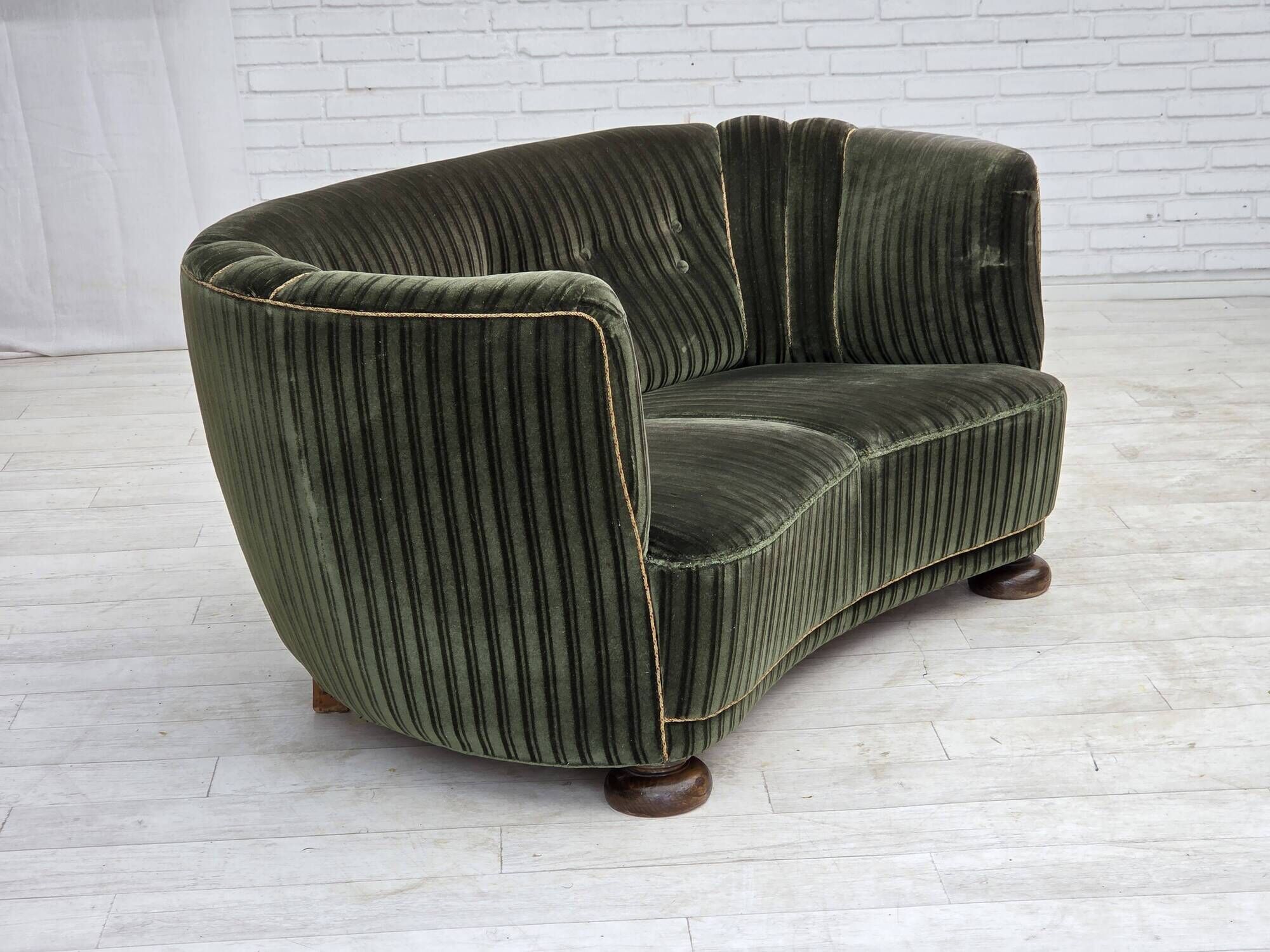 1960s, Danish 2-seater curved sofa, furniture velour, oak wood.