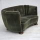 1960s, Danish 2-seater curved sofa, furniture velour, oak wood.