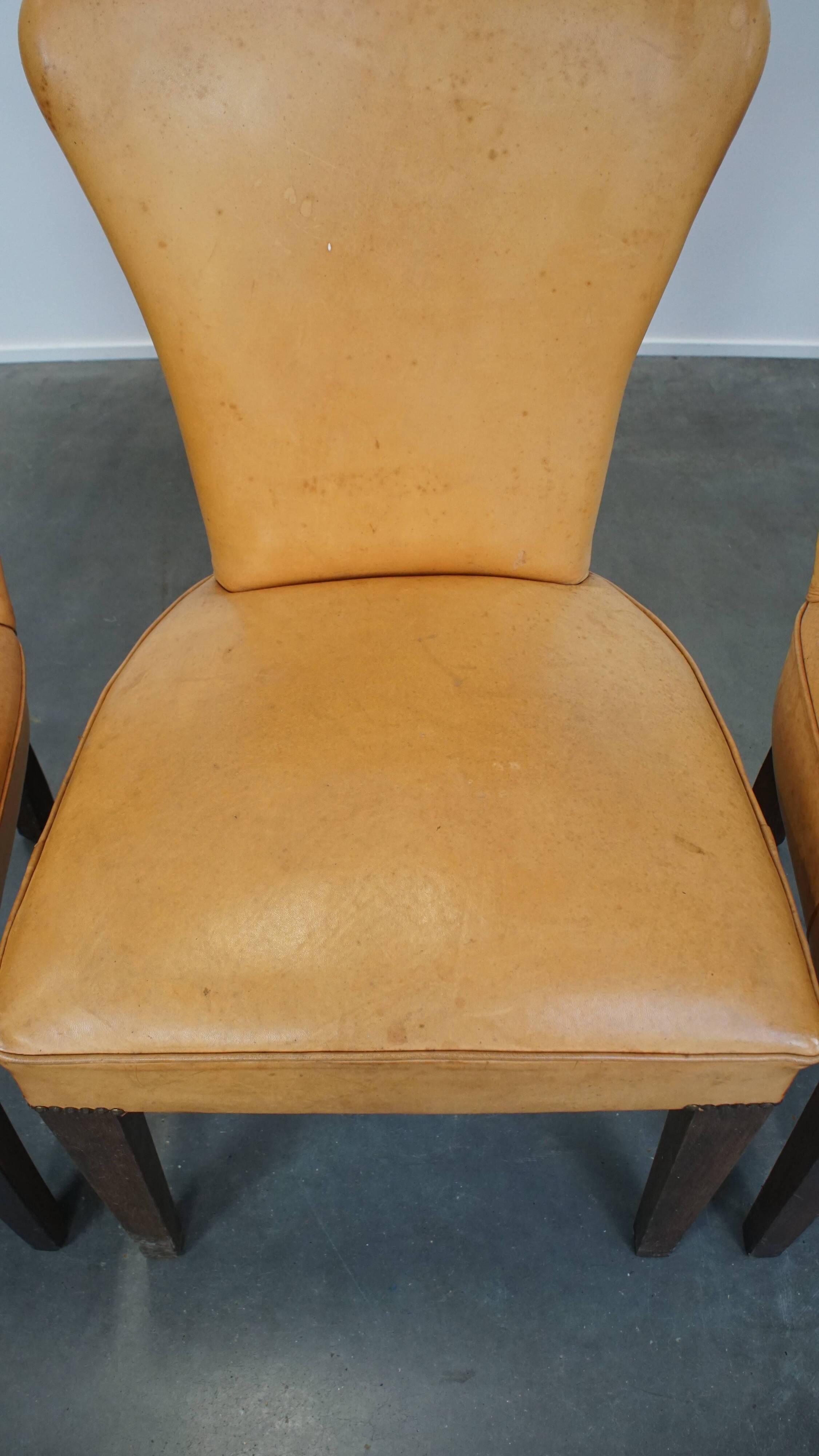 Set of 4 comfortable honey-colored goat leather dining chairs