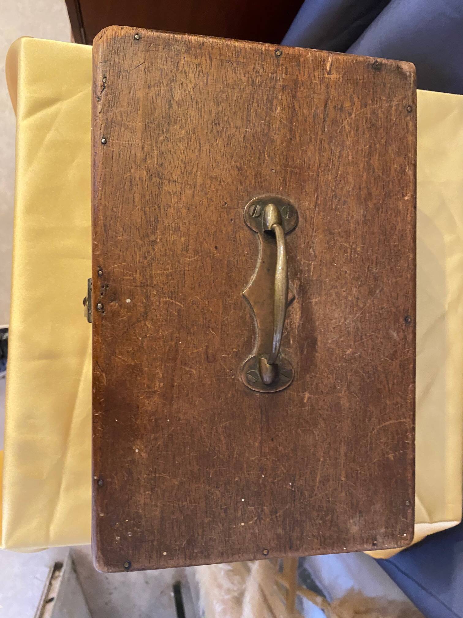 Old wooden box early 20th century market box with brass handle