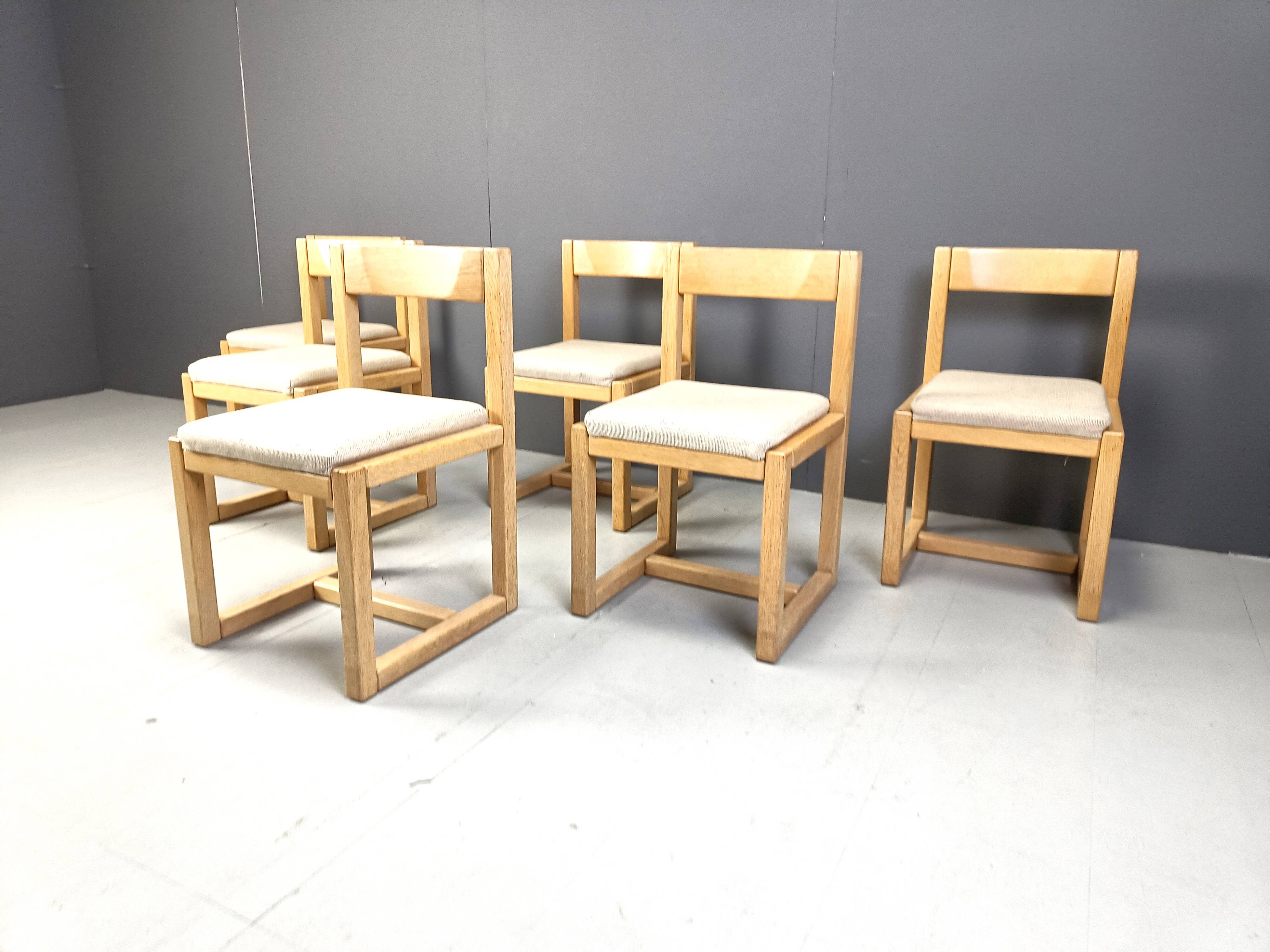 6 Brutalist oak and grey fabric dining chairs, 1970s