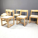 6 Brutalist oak and grey fabric dining chairs, 1970s