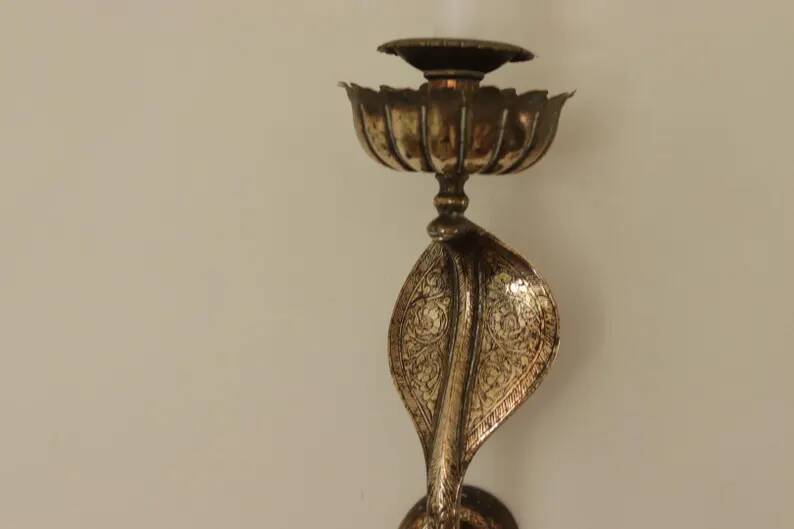 Pair of Neo-Egyptian Style Engraved Brass Wall Sconces Featuring Cobras