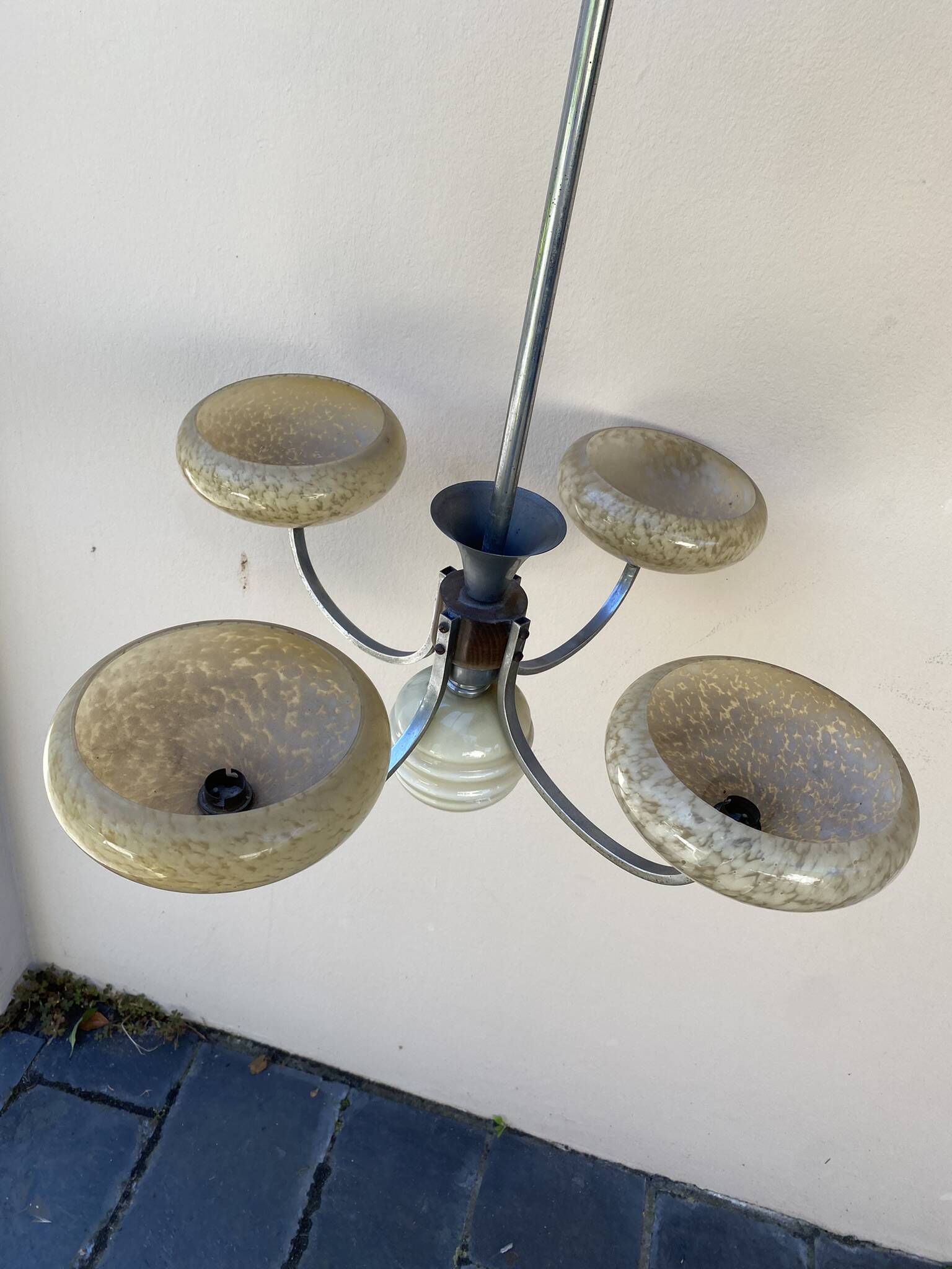Art Deco opaline wood and metal chandelier