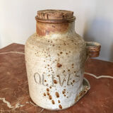 Two old stoneware pots with pickles and olives signed Jacque pouchain