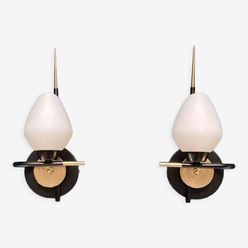 Pair of brass, black metal and white opaline glass wall sconces Arlus