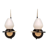 Pair of brass, black metal and white opaline glass wall sconces Arlus