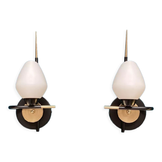 Pair of brass, black metal and white opaline glass wall sconces Arlus