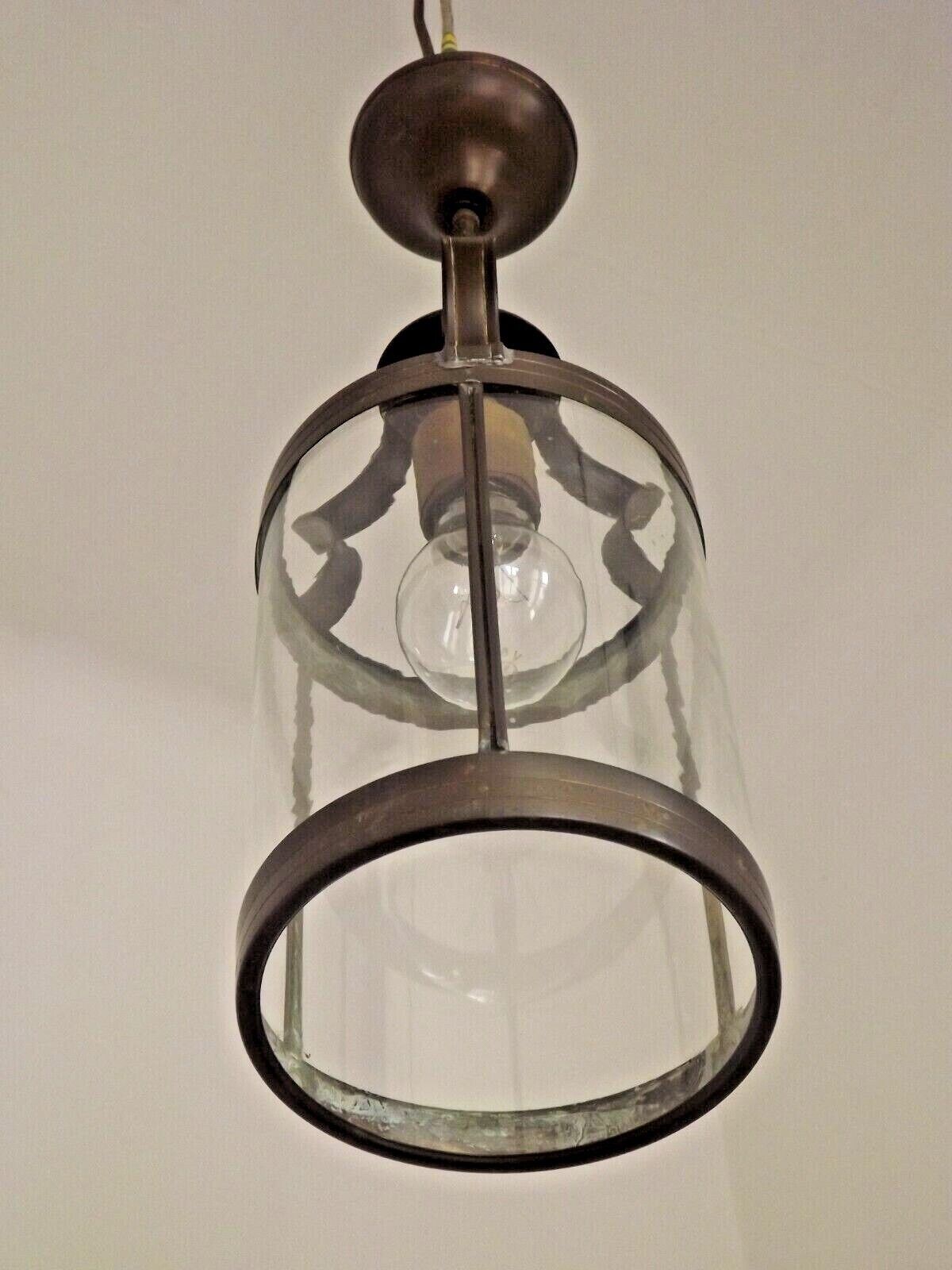 Vintage French Round Hall Lantern In Copper With Cylindrical Glass Shade 3681