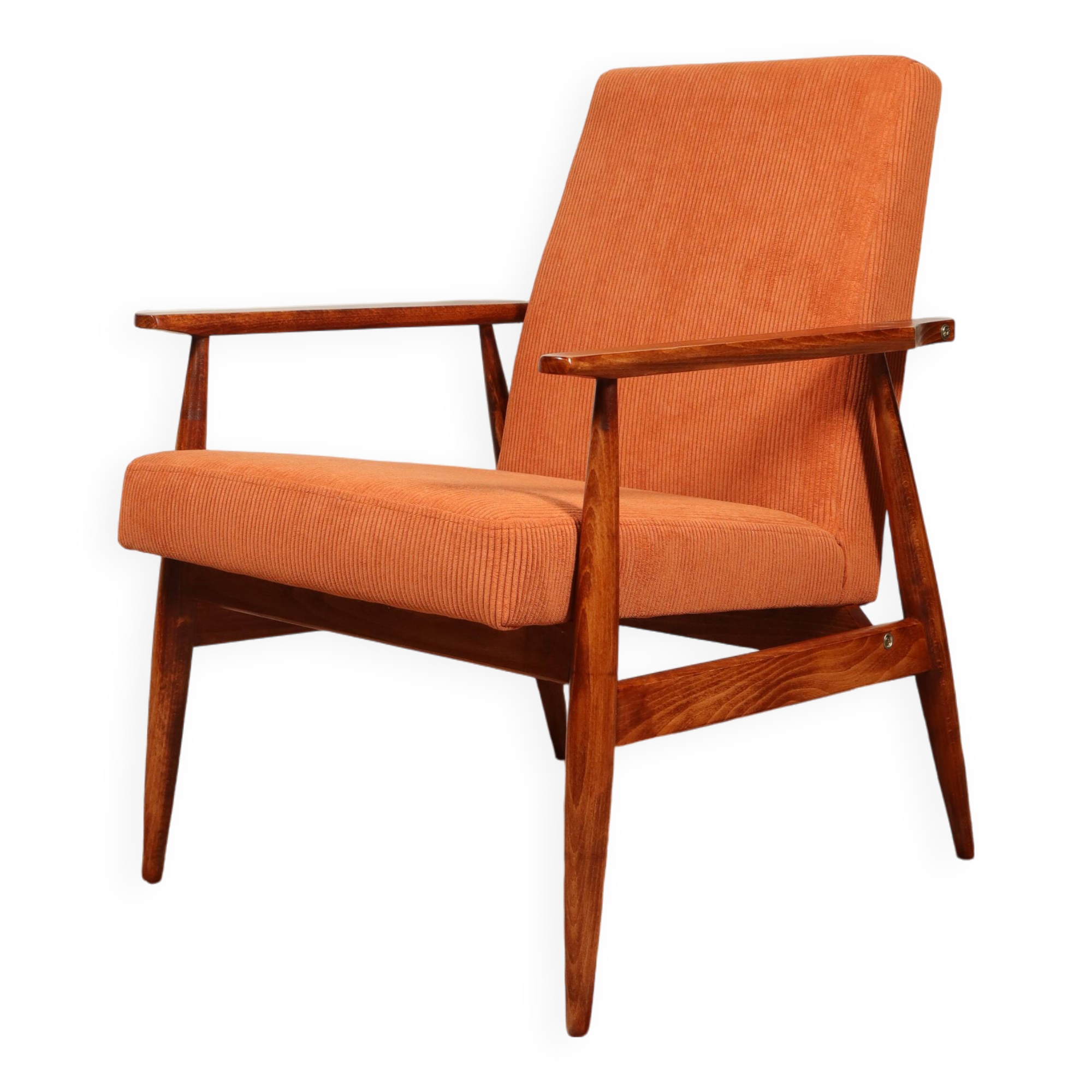 Vintage armchair orange burt corduroy upholstery , Henryk Lis, 1960, Poland