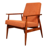Vintage armchair orange burt corduroy upholstery , Henryk Lis, 1960, Poland