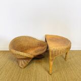 Lotus meditation chair and rattan table, 1960s