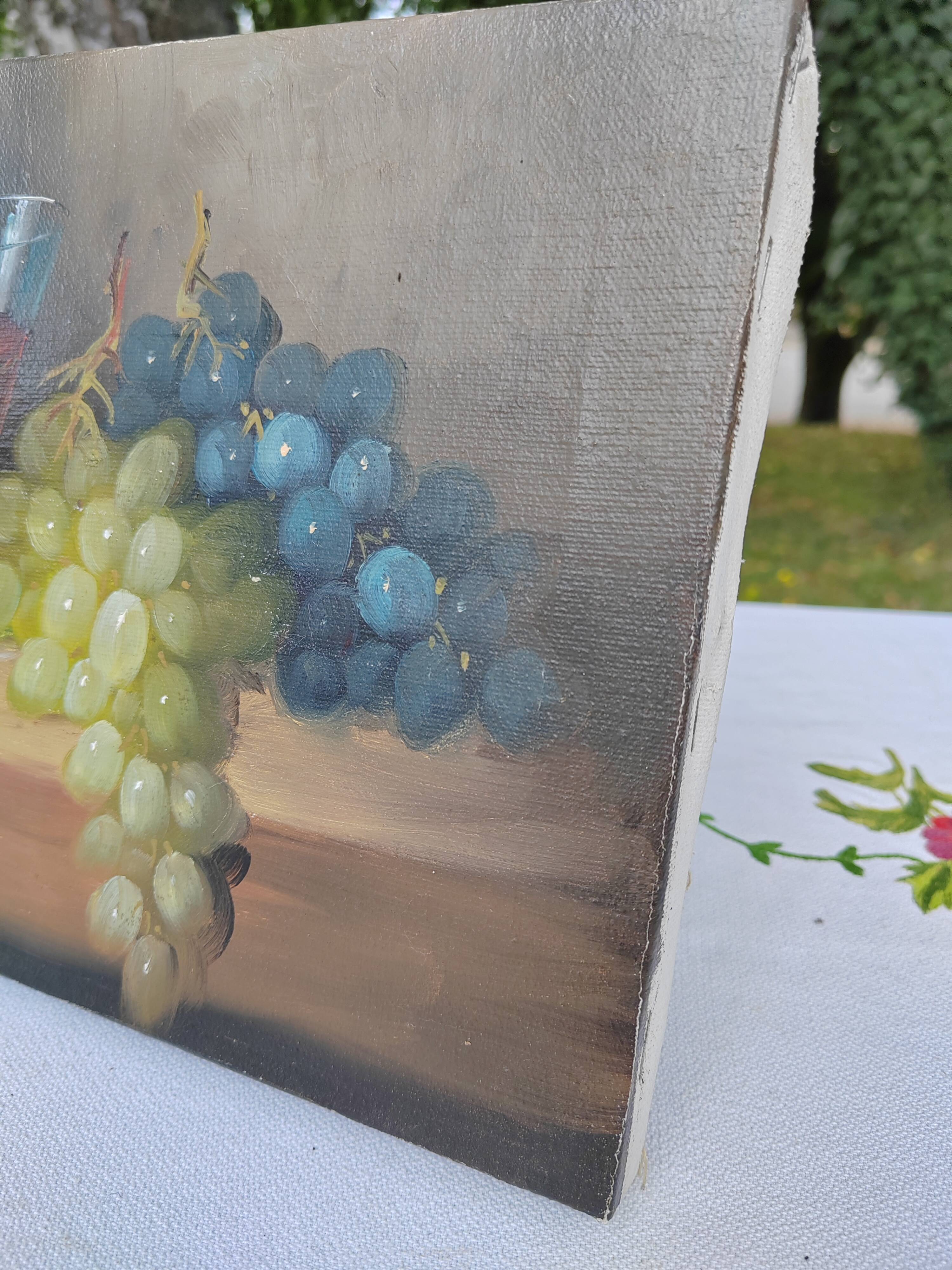 Small painting signed still life "Grapes and wine"