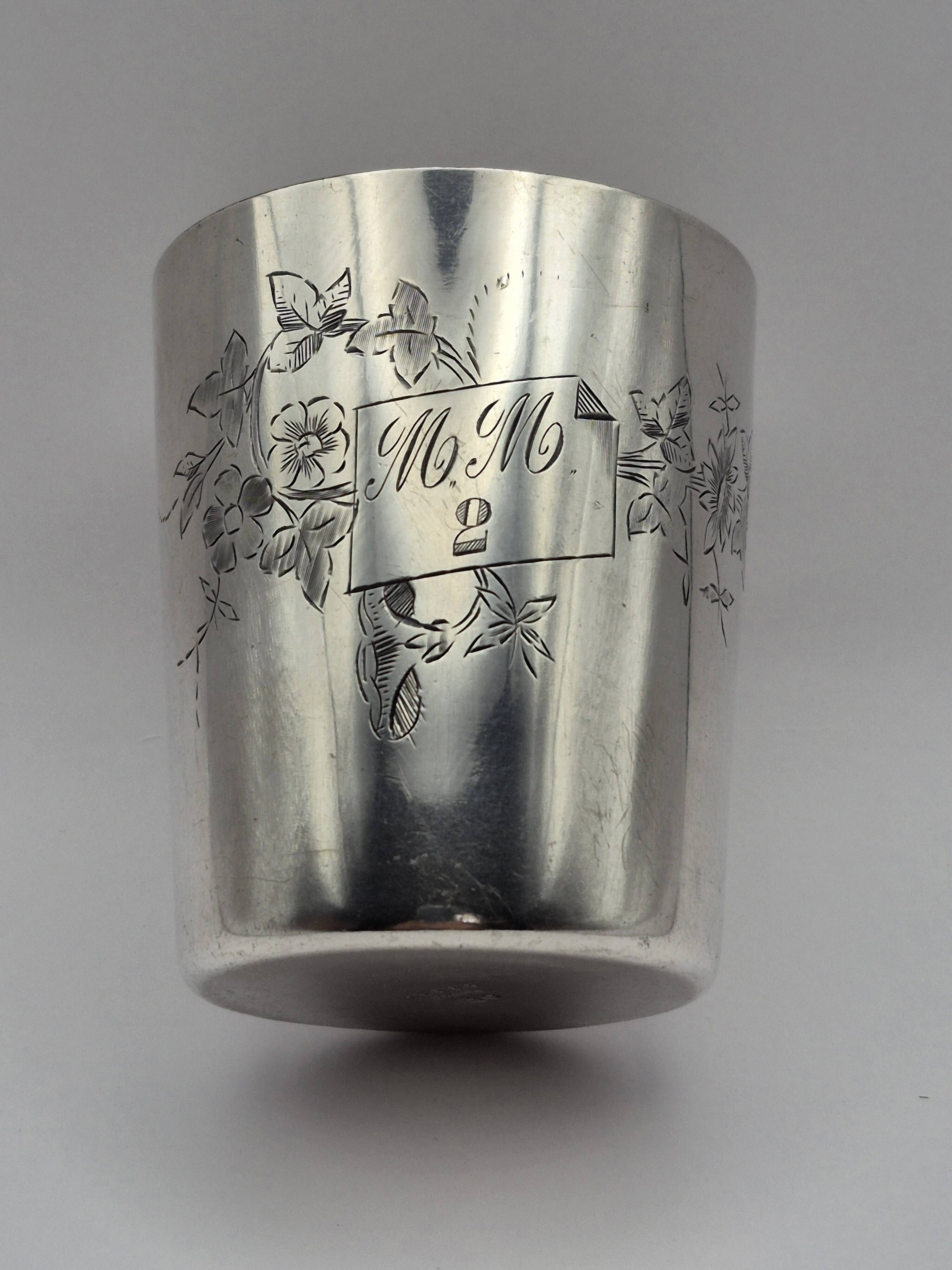 Ercuis silver-plated timbale, engraved floral decoration and monogram m.m – a23