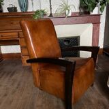 Leather and wood armchair from the 1930s - art deco - brown