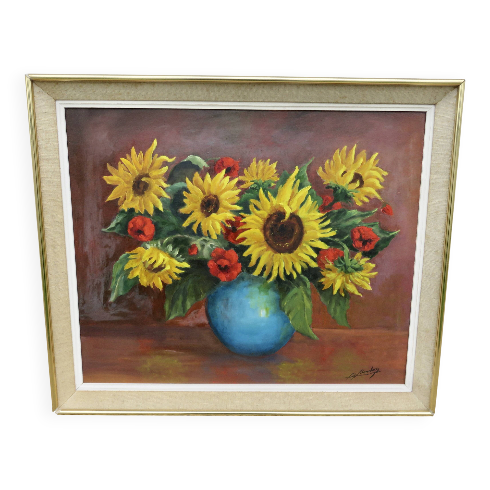 Still life painting, sunflower, signed