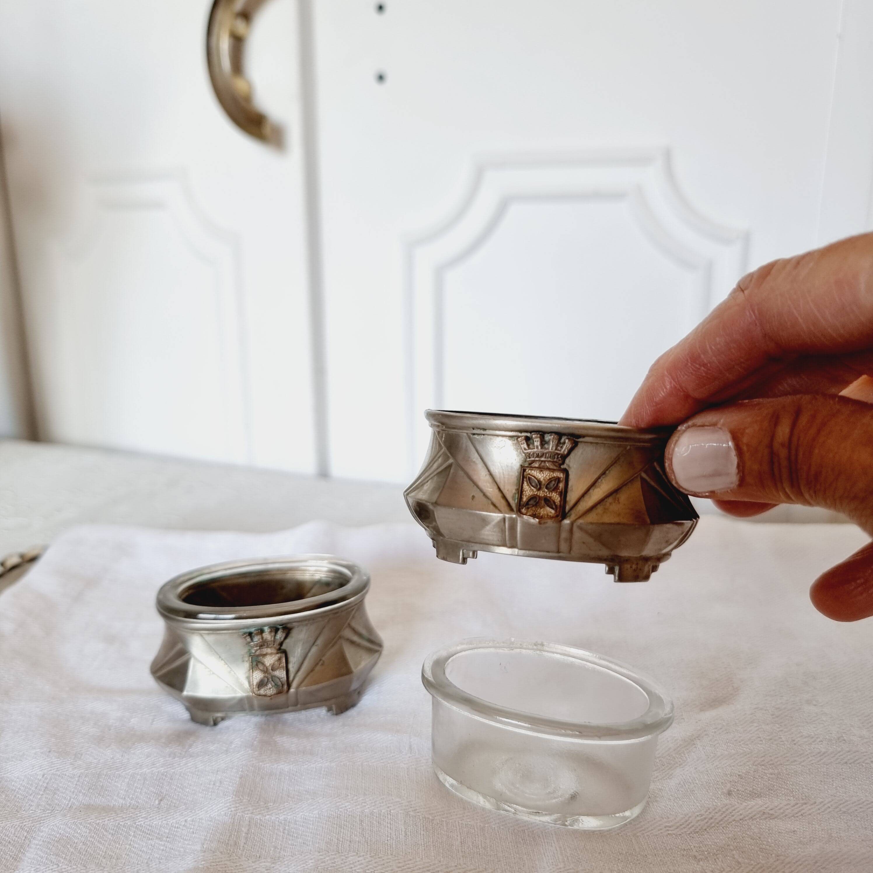 2 Antique Salt Shakers or Cups for Salt and Pepper Shakers Silver Plated Art Deco Metal