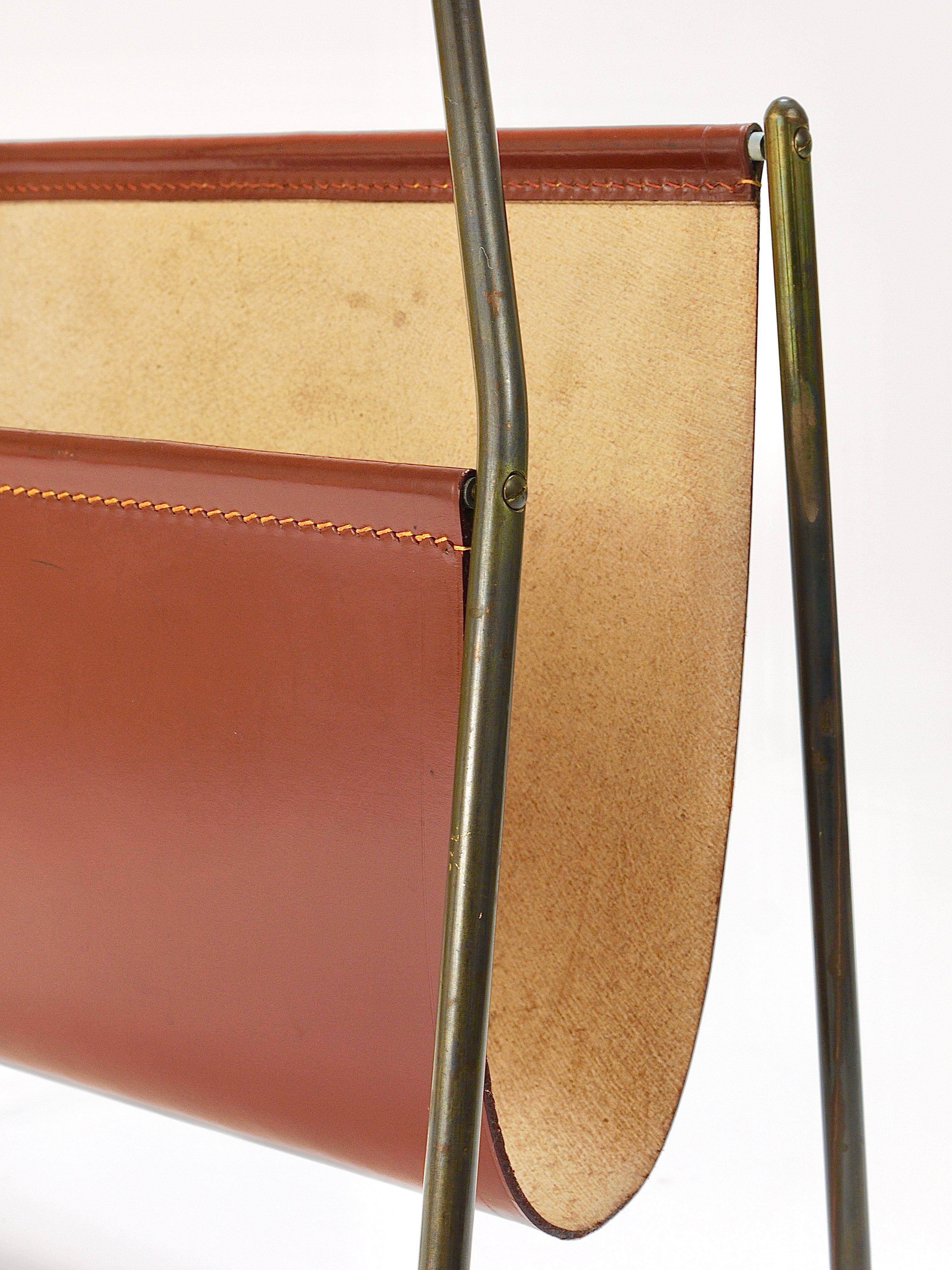 Carl Auböck II Magazine rack Midcentury, brass and brown leather, vintage, Austria