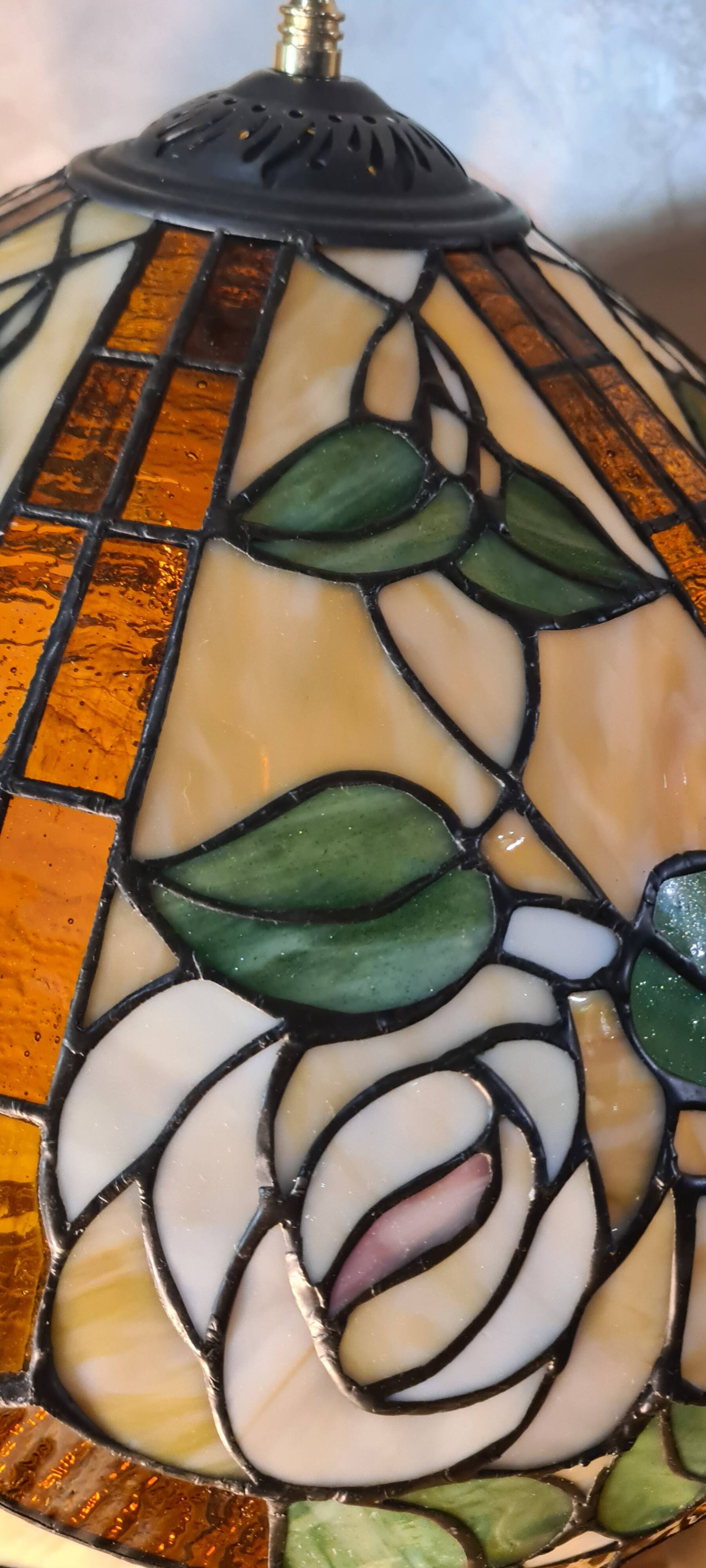 Large brass lamp, 1970, 6kg, restored electrical wiring, 67x47cm stained glass lampshade