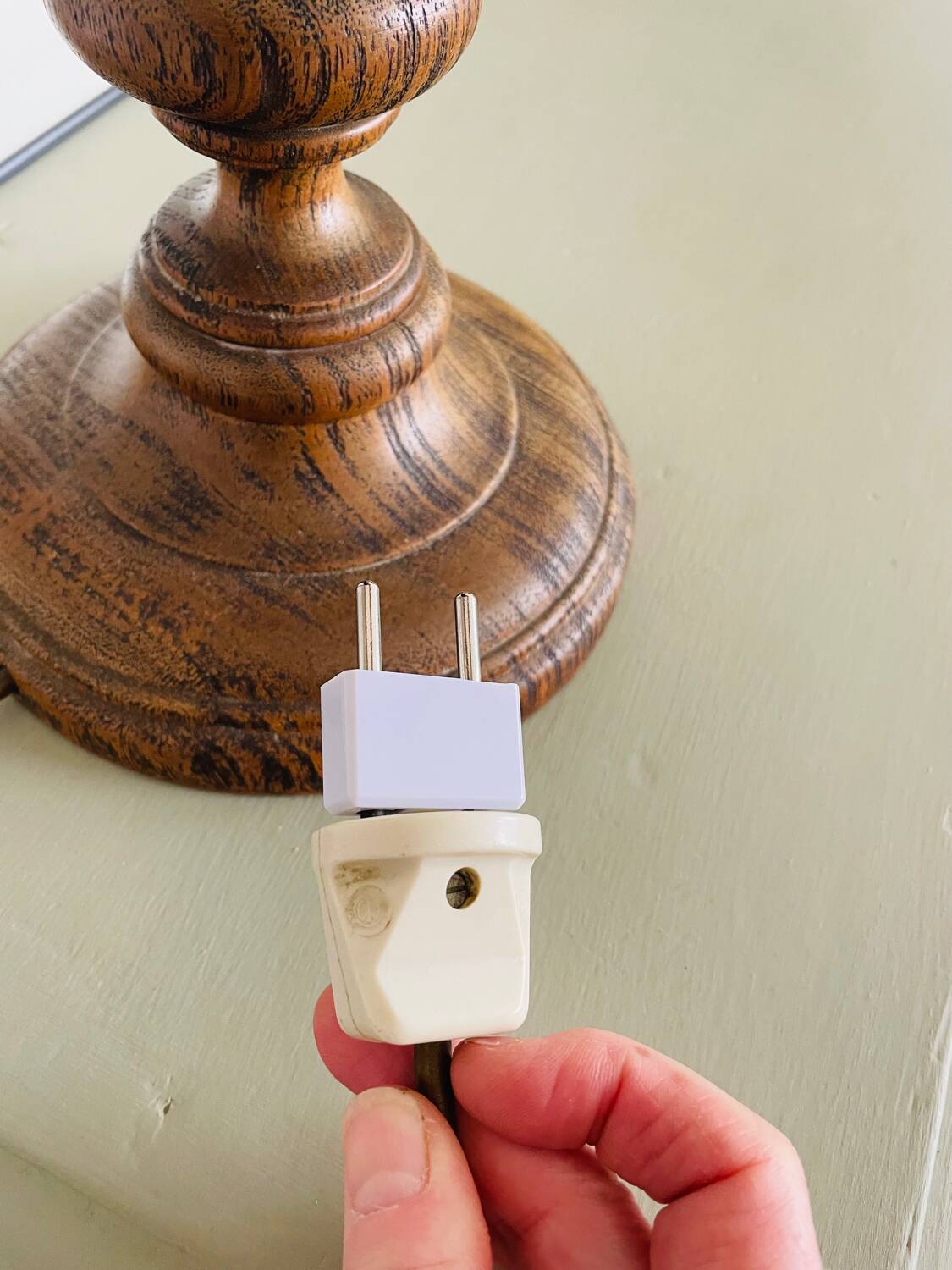 Large vintage lamp with turned wooden base, wool and rope striped lampshade