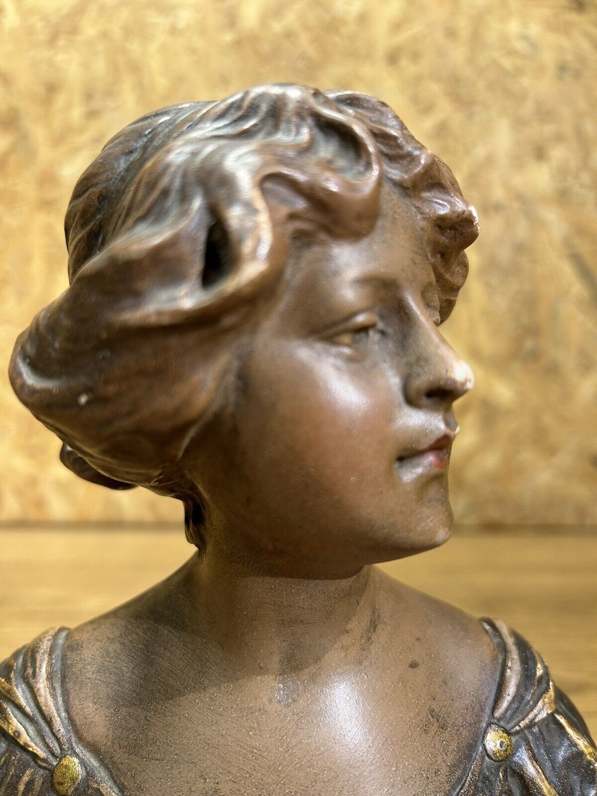 old plaster bust, young art deco woman, patina, signed Gustave Van Vaerenbergh