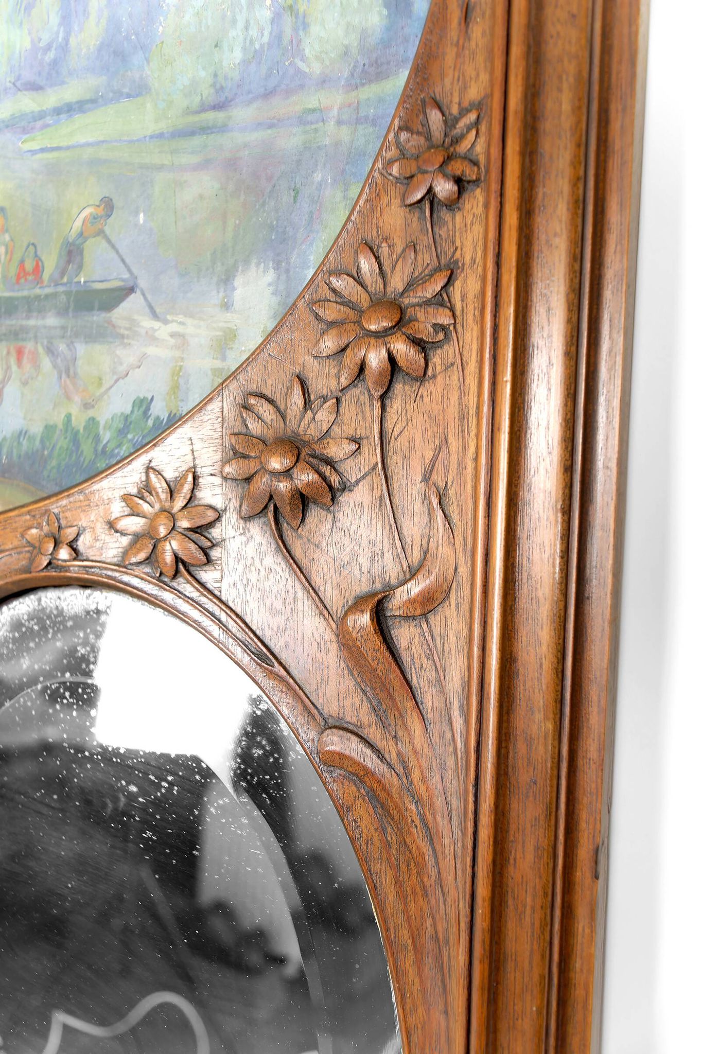 Important Carved Walnut Trumeau Mirror, Art Nouveau, France, Circa 1900