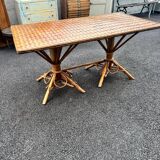 Vintage 50s set: large table - tripod base and woven chestnut benches