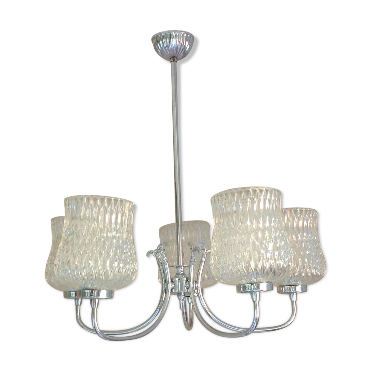 Five-spoke chandelier in chrome-plated metal and structured/vintage glass 60s-70s