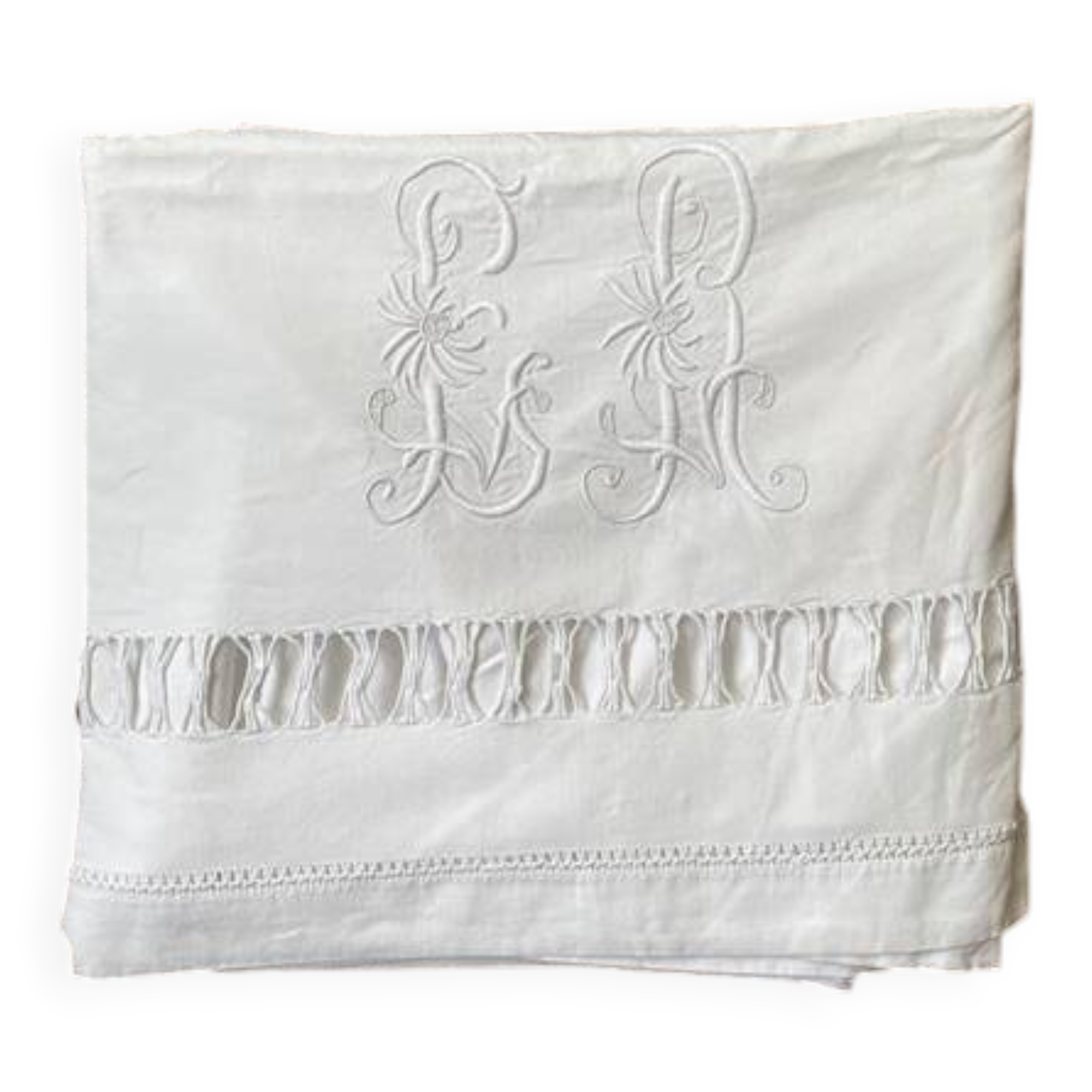 Antique linen-cotton sheet with LR monogram, embroidered