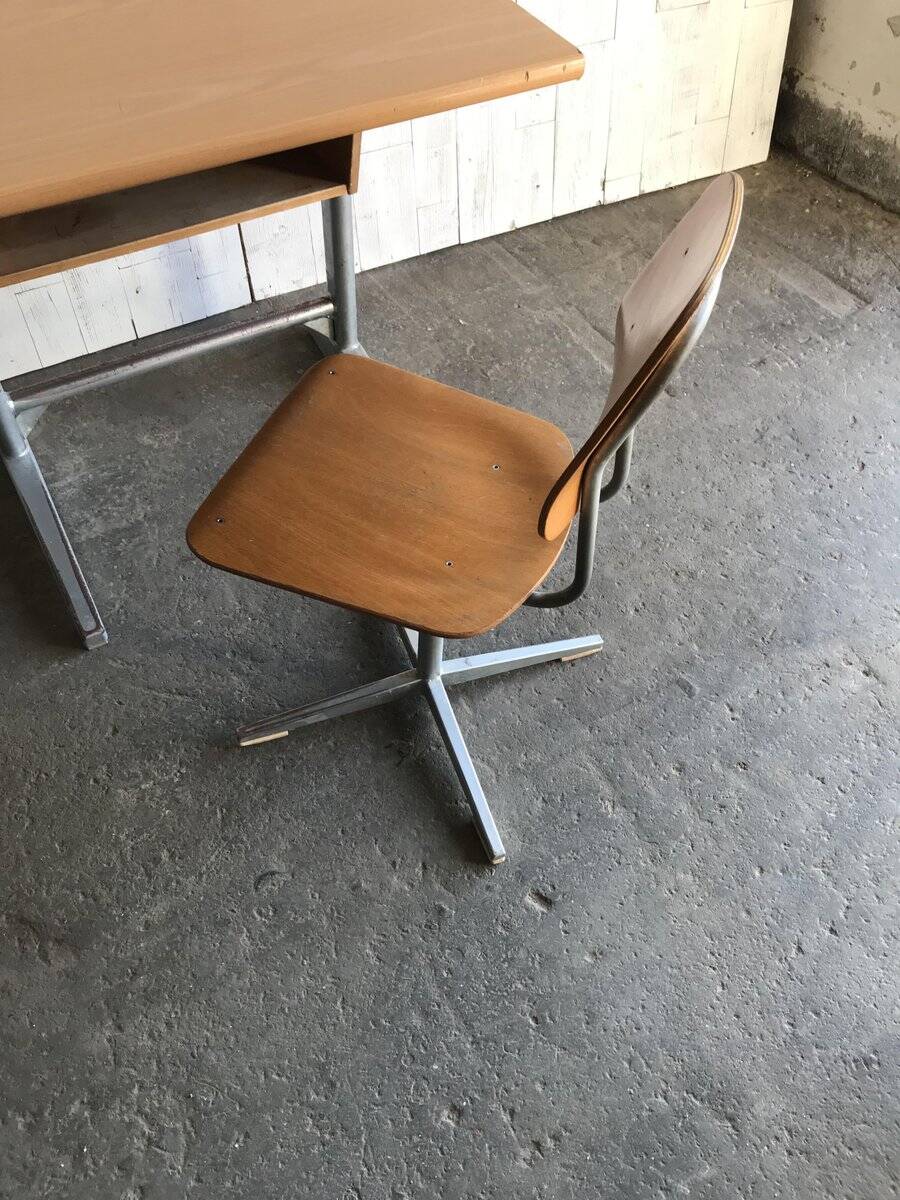 Embru set from the 1960s, school desk and brown wooden and steel chair, Switzerland, set of 2.